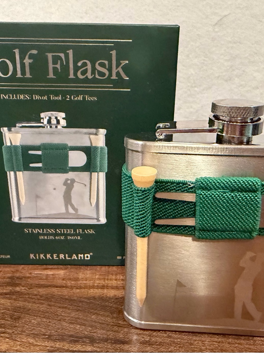 Kikkerland Stainless Steel Hip Flask with Green Tee Holder and Natural Wood Tee